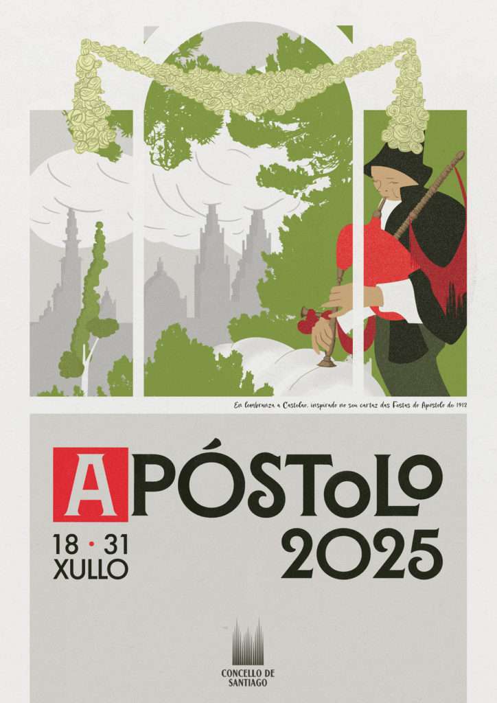 O cartaz do Apóstolo 2025 que é unha reinterpretación do orixinal deseñado por Castelao para as festas de 1912