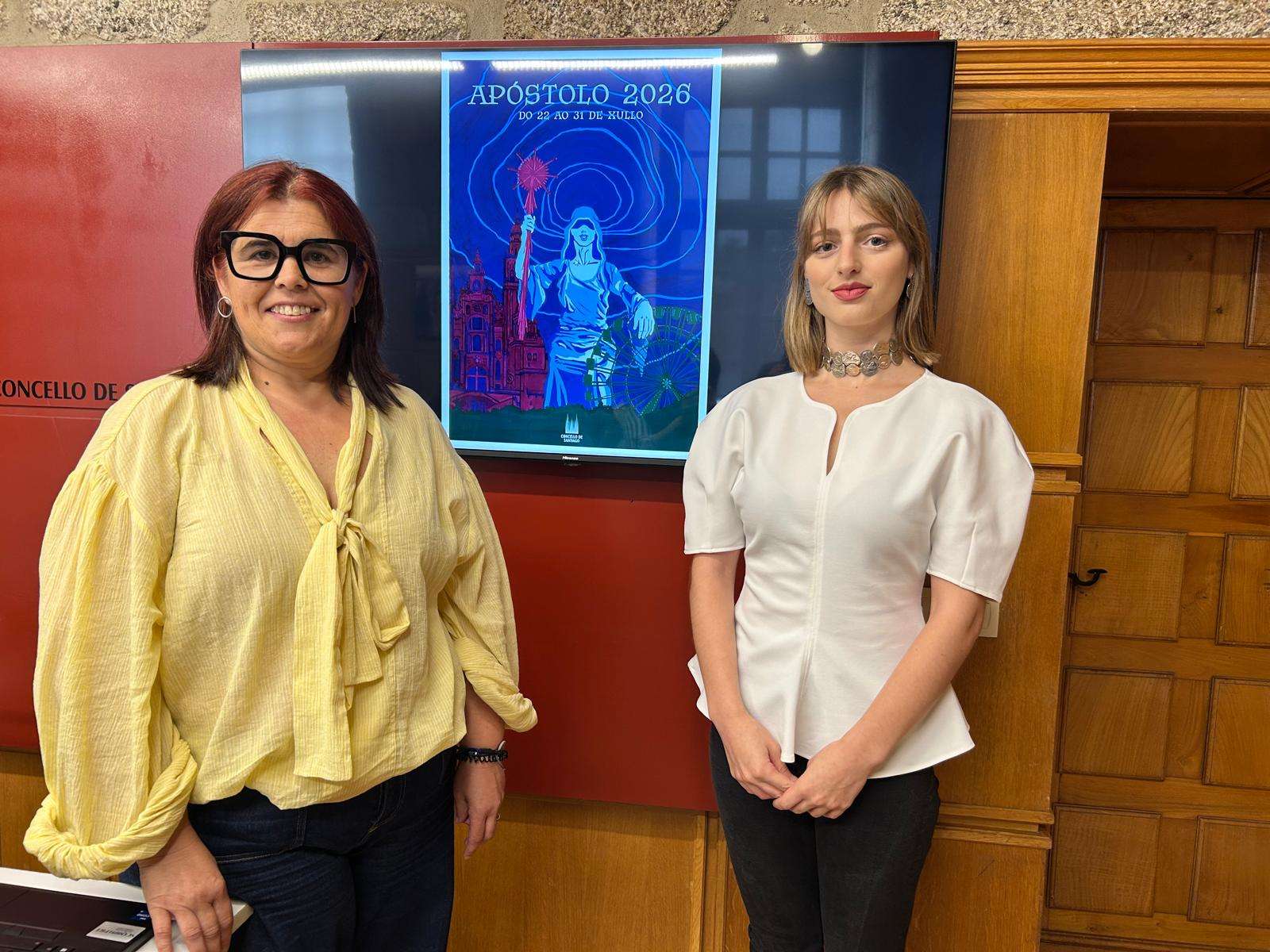 A concelleira de Festas, Pilar Lueiro, e a autora do cartel das Festas do Apóstolo 2026, Iria Aldegunde, durante a presentación da programación completa das celebracións